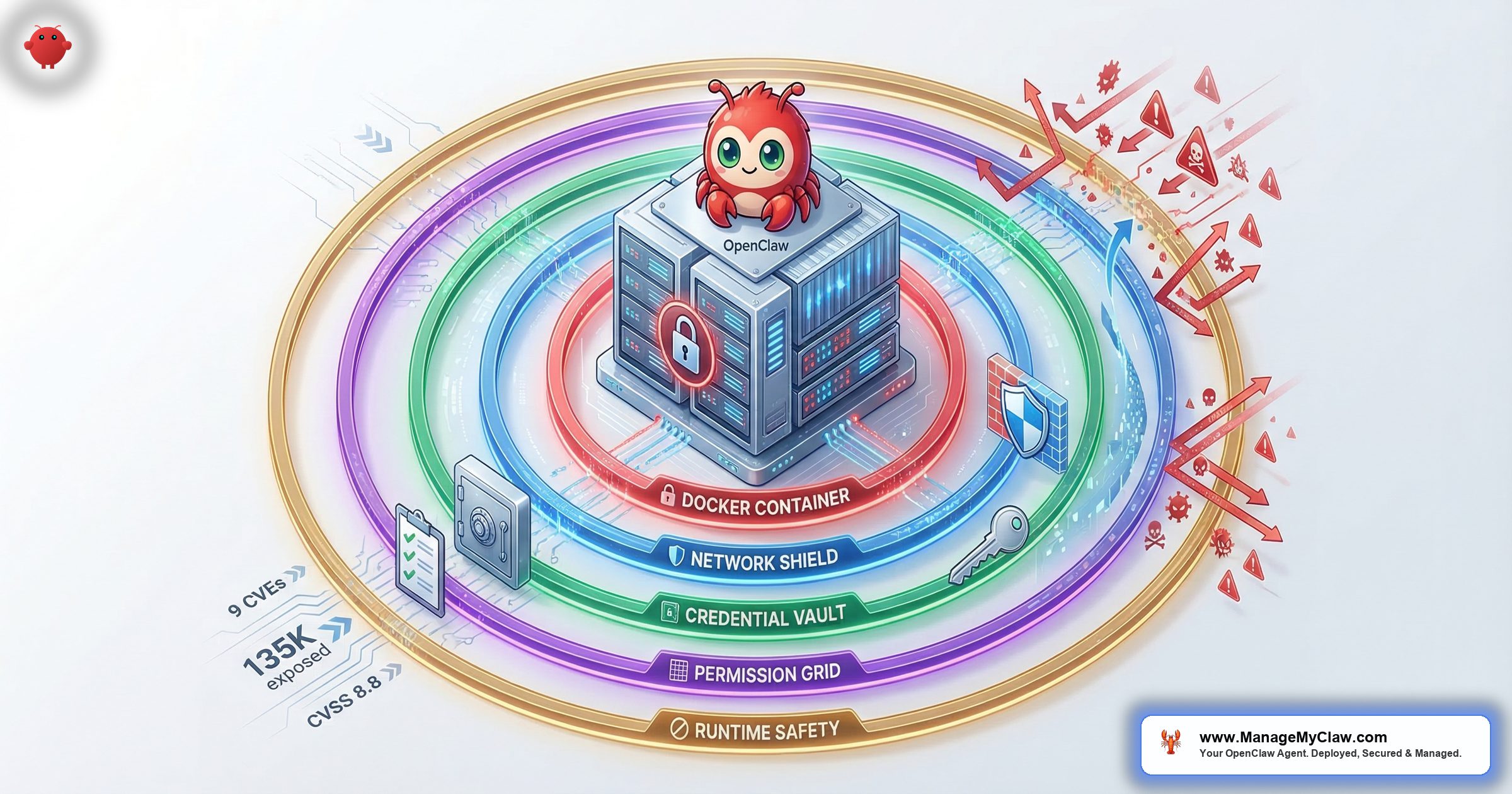 OpenClaw security architecture showing 5 concentric defense layers — Docker container isolation, network shield, credential vault, permission grid, and runtime safety — with threat indicators being blocked and stats showing 9 CVEs and 135K exposed instances