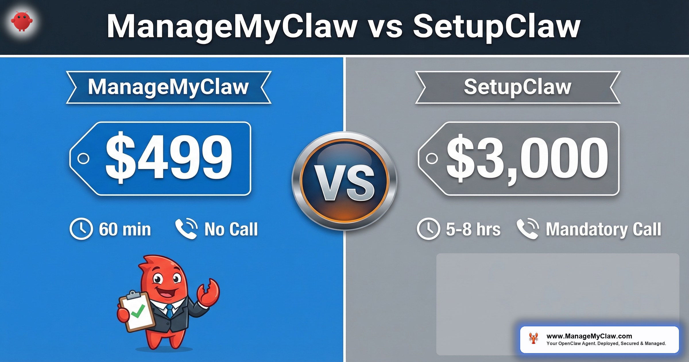 ManageMyClaw vs SetupClaw: The $499 vs $3,000 Decision