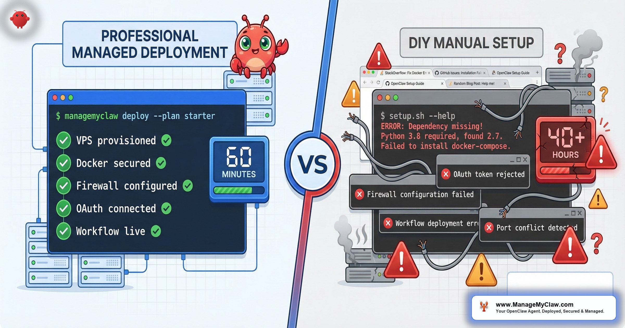 Side-by-side comparison of ManageMyClaw professional managed OpenClaw deployment in 60 minutes with green checkmarks versus DIY manual setup taking 40 plus hours with error messages and warning triangles