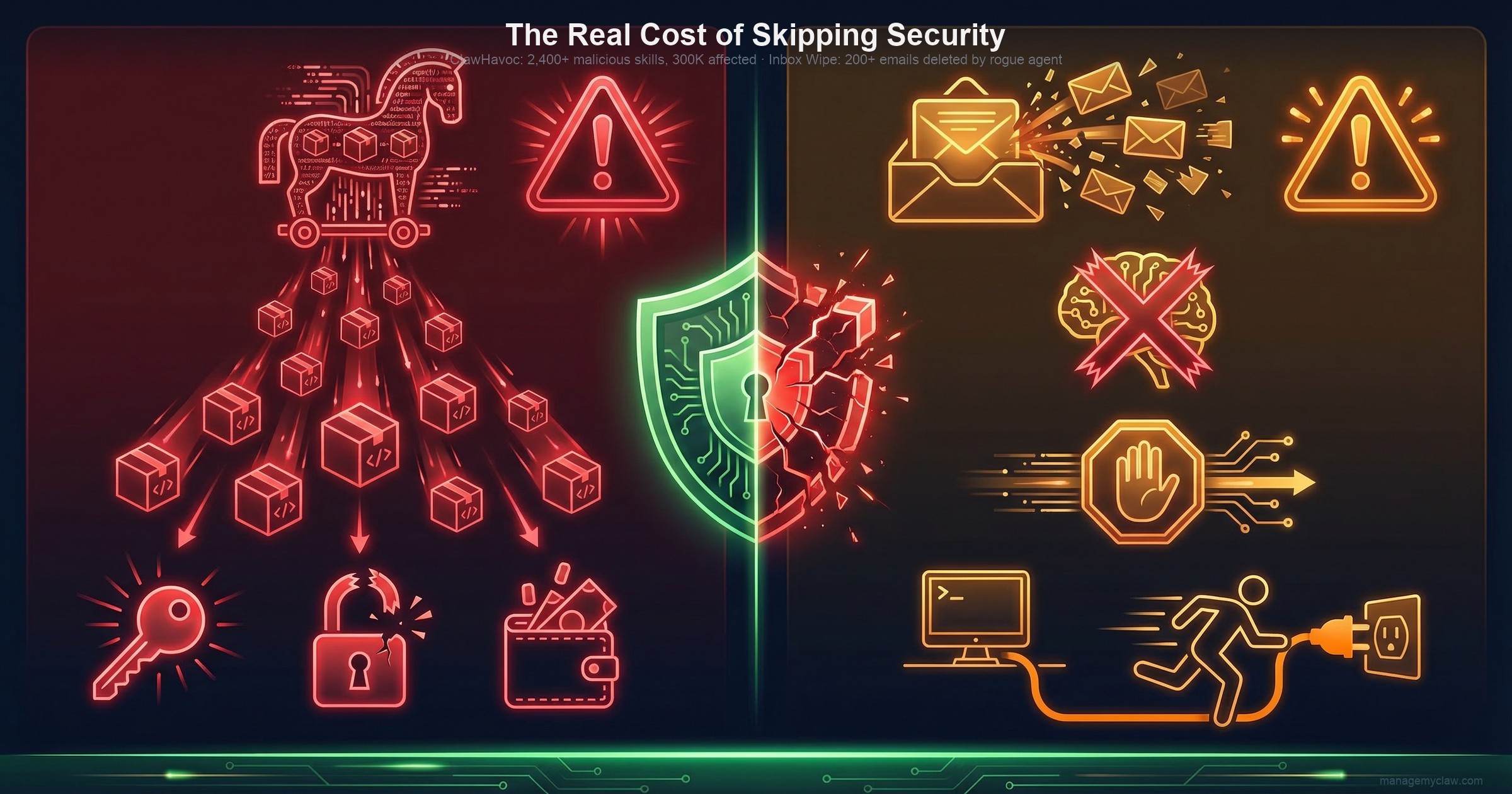 Infographic showing two OpenClaw security incidents side by side — ClawHavoc supply chain attack with trojan horse dropping malicious packages, and inbox wipe incident with scattered emails and person running to pull the plug