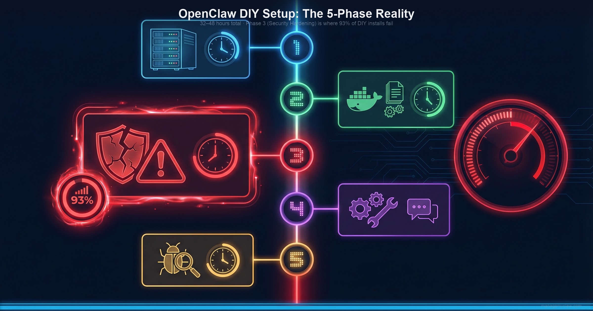 Infographic showing OpenClaw DIY setup 5-phase timeline with server, Docker, security shield, workflow, and debugging icons — 32 to 48 hours total with Phase 3 security hardening highlighted as critical step most skip