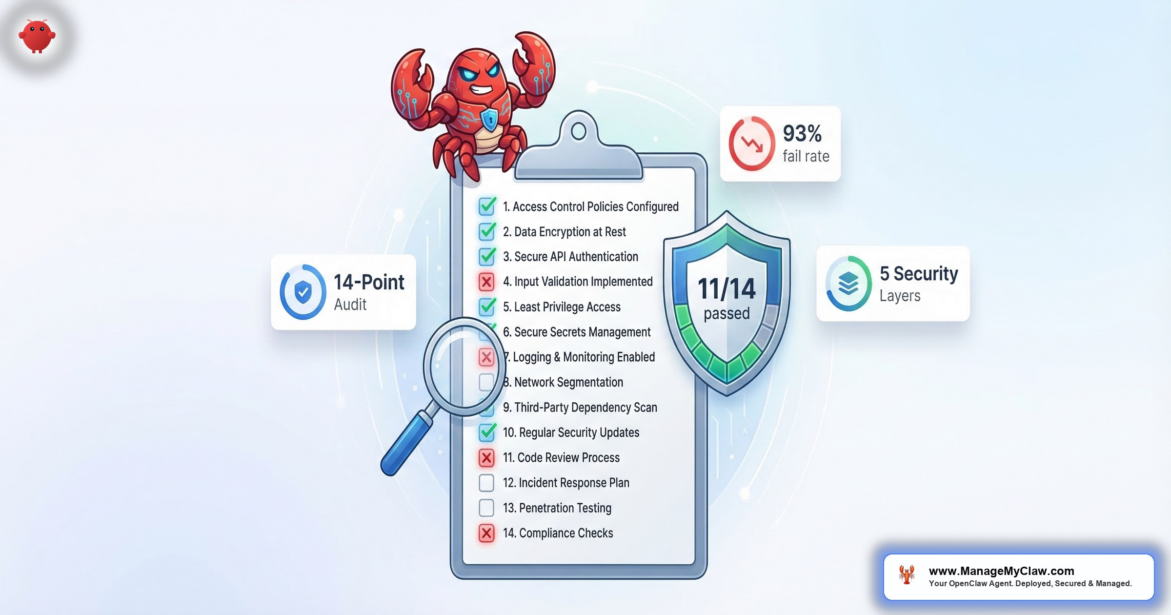 OpenClaw security checklist showing 14-point audit with green checkmarks and red X marks across 5 security layers — 93 percent of DIY installs fail this checklist